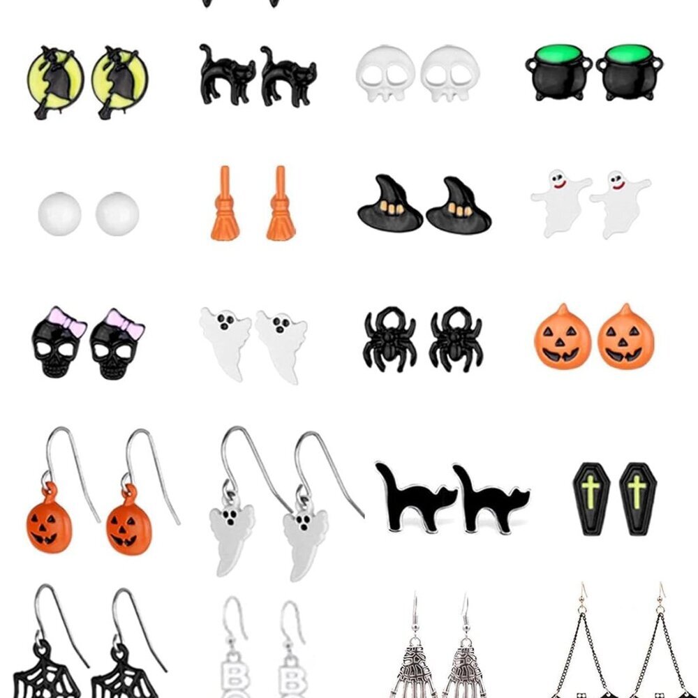 Halloween Earrings for Women Bat Witch Cat Earrings Set Spider Web Pumpkin Skull